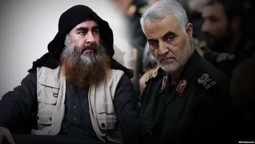 قائد الحرس الثوري السابق قاسم سليماني (يمين) وزعيم داعش السابق أبو بكر البغدادي (يسار)