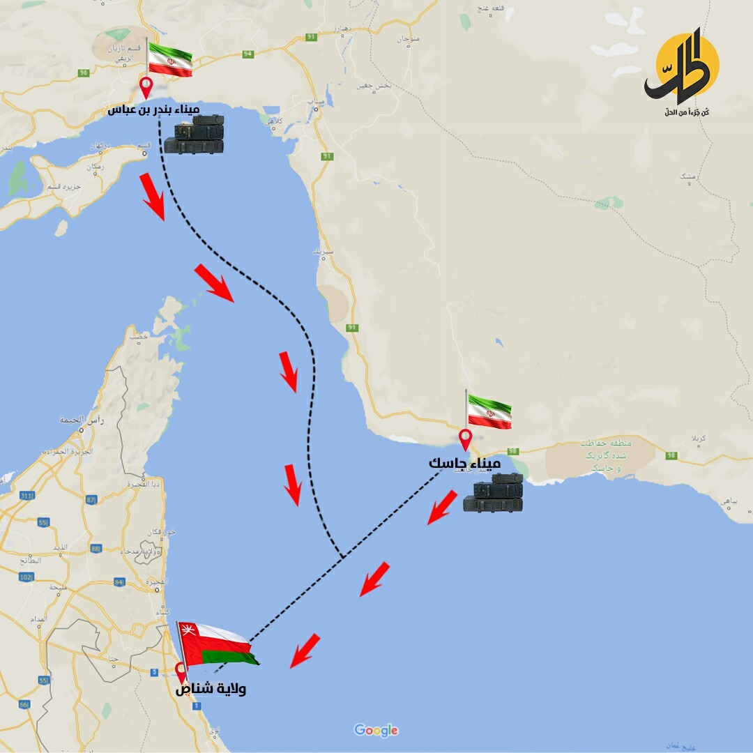 خريطة تظهر مسار تهريب الأسلحة من الموانئ الإيرانية نحو ولاية شناص العُمانية - "الحل نت"