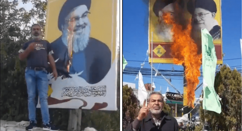 حسن محسن المعروف بـ"ولاء عيتيت" يحرق صور حسن نصرالله الأمين العام لـ "حزب الله" اللبناني - إنترنت
