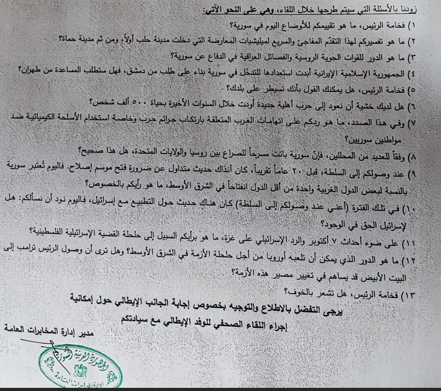 قائمة الأسئلة التي أعدها الجانب الإيطالي والتي وصلت للرئيس الأسد عن طريق اللواء لوقا (اندبندنت عربية)