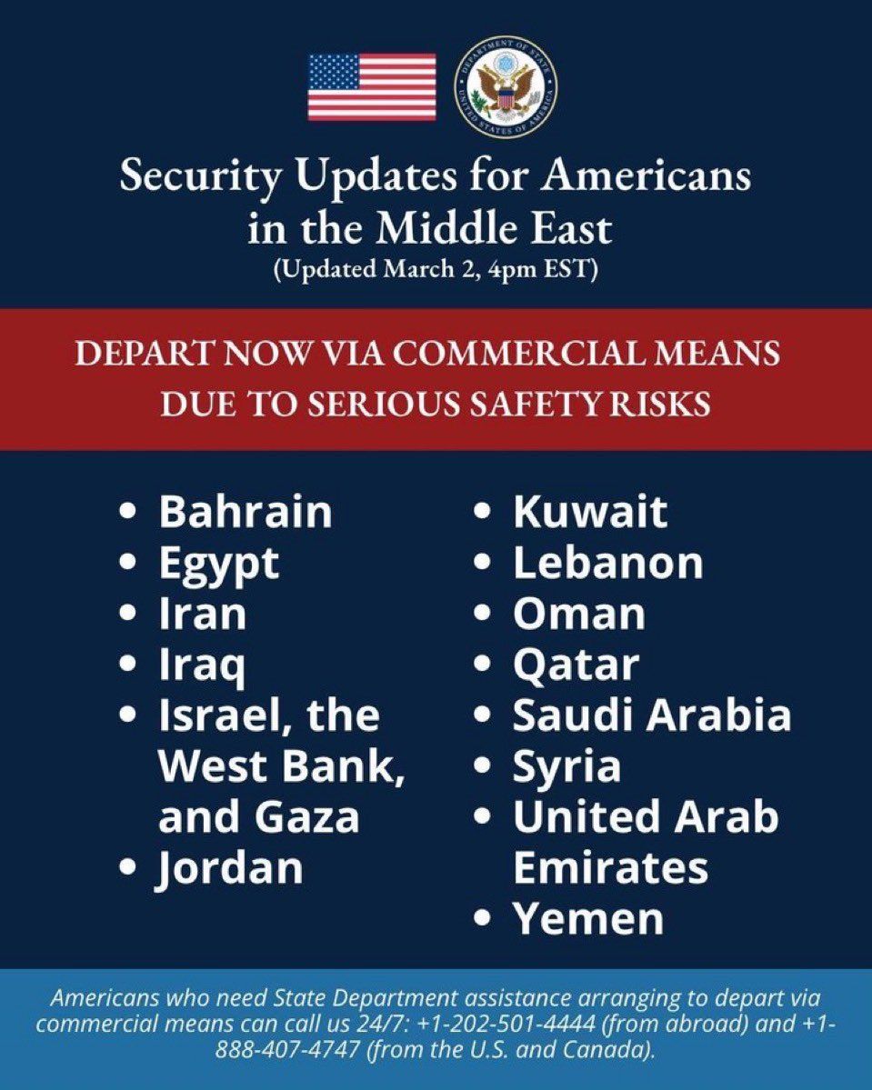 تعميم أميركي يطالب الرعايا الموجودين في الدول التالية بالمغادرة فوراً
