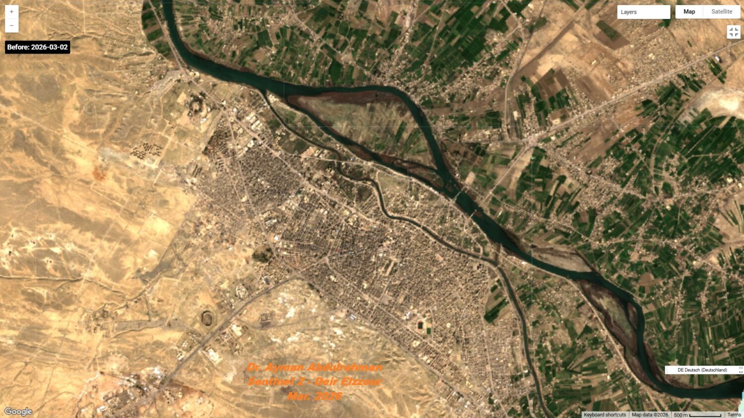 فيضانات الفرات في دير الزور كما رصدها القمر الصناعي Sentinel-2