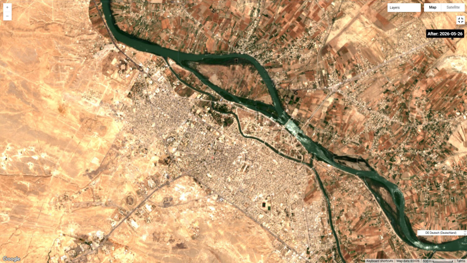 فيضانات الفرات في دير الزور كما رصدها القمر الصناعي Sentinel-2