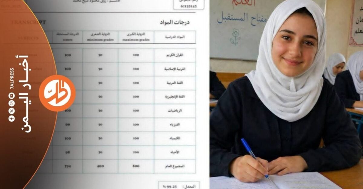 بمعدل 99.25 بالمئة في القسم العلمي، أنهت الطالبة السورية رؤى محمود شيخ محمد الثانوية العامة في اليمن، لكنها غابت عن قائمة أوائل الجمهورية، في واقعة فتحت تساؤلات حول المعايير التي اعتمدتها وزارة التربية والتعليم في تصنيف المتفوقين.