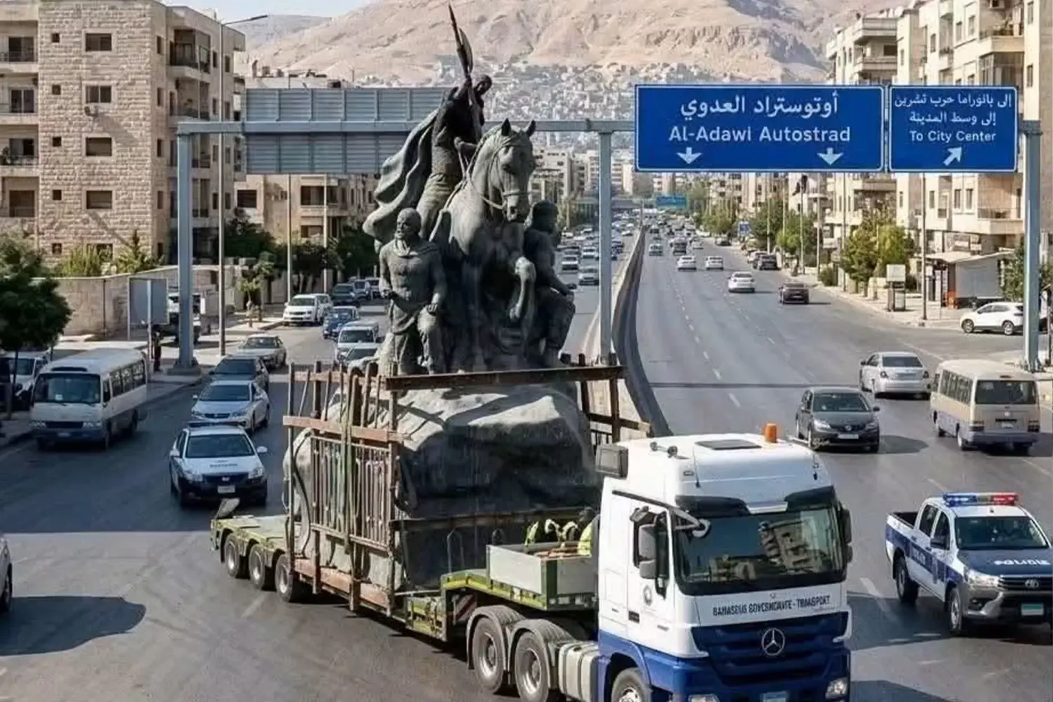نقل تمثال صلاح الدين الأيوبي وسط دمشق - وسائل التواصل الاجتماعي
